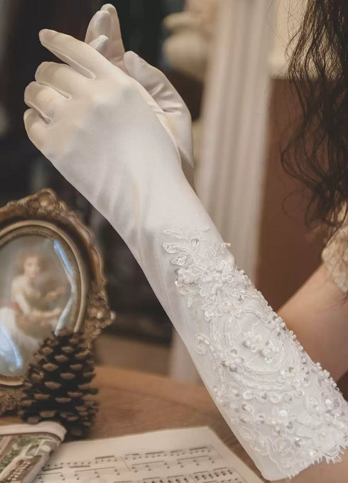 Embroidered Satin Bridal Gloves – Long White Wedding Gloves with Lace Detail